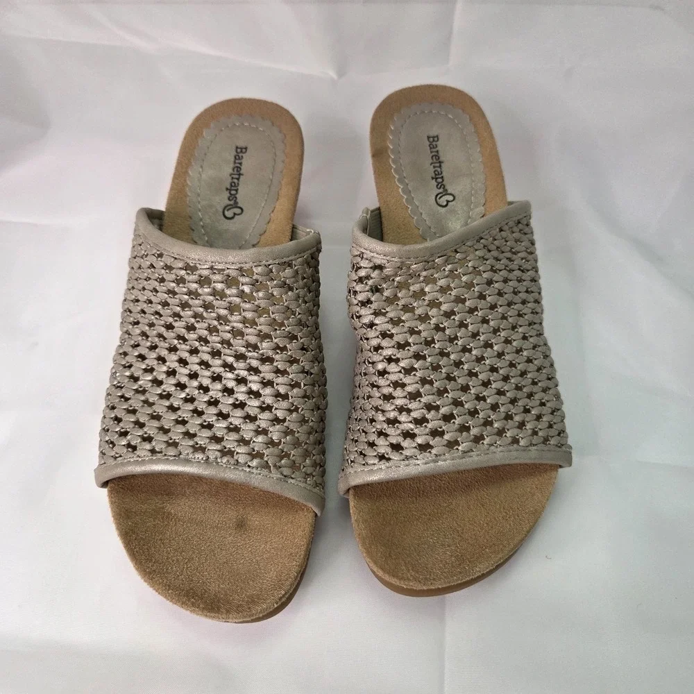 Baretraps Womens Champagne Sz 7.5‎ Flossey Woven Wedge Sandal Boho Beachy Resort